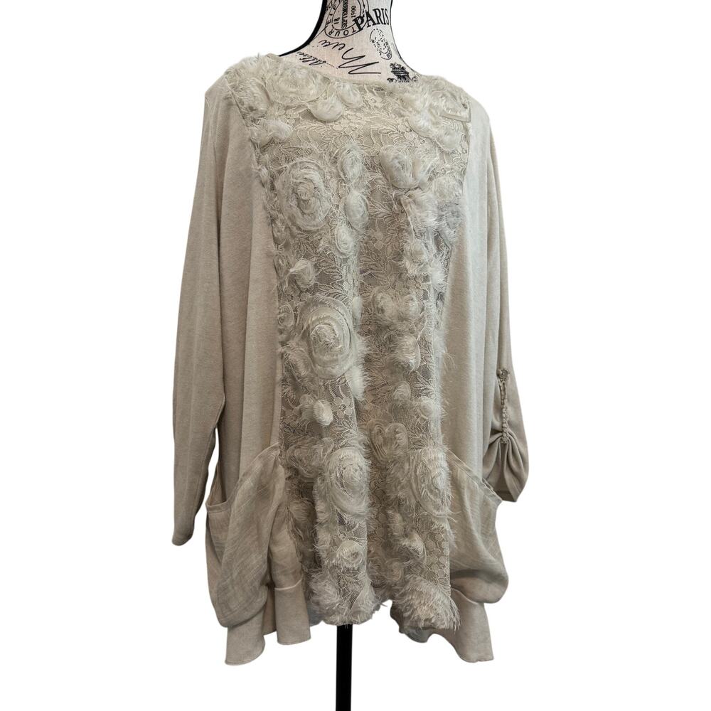 Ali Miles Blouse Plus Size 1X Cream 3D Floral Lace Applique Tunic Top Lined